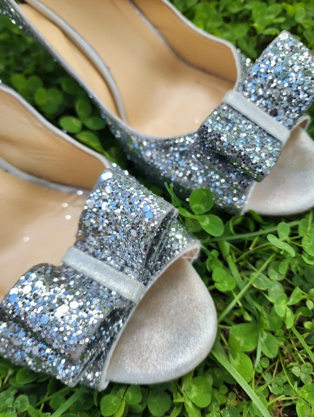 kate spade Silver Glitter Peep-Toe Slingback Heels with Bow